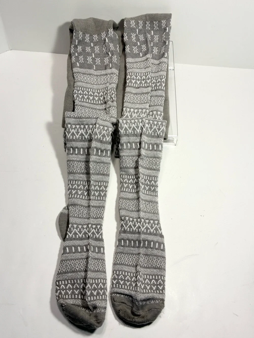 Y2K Fair Isle Thick Knit Tights Gray White Size M/L